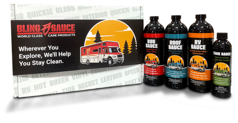 RV Essentials Kit featuring four cleaning products for maintaining RVs, packaged in a branded box.