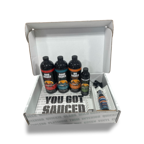 RV Essentials Kit featuring premium cleaning products for maintaining and detailing recreational vehicles.