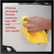 A person using a yellow microfiber cloth to apply Bug Sauce on a vehicle's surface, highlighting its pH neutral formula.
