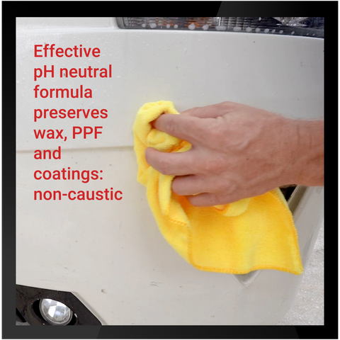 A person using a yellow microfiber cloth to apply Bug Sauce on a vehicle's surface, highlighting its pH neutral formula.