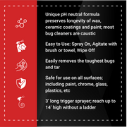 Bug Sauce product features a pH neutral formula for safe bug removal on all surfaces, easy application, and a 3-foot trigger sprayer.
