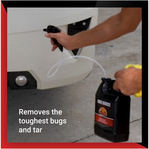 A person using Bug Sauce spray on a vehicle's front to effectively remove tough bugs and tar.