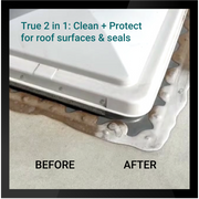 Roof Sauce 2 in 1 product shown on roof surface, demonstrating cleaning and protection results before and after application.