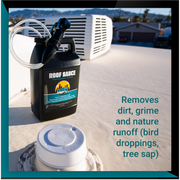Premium Roof Sauce container on a rooftop, designed to remove dirt, grime, and nature runoff from surfaces.