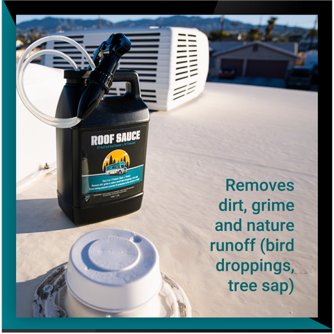 Premium Roof Sauce container on a rooftop, designed to remove dirt, grime, and nature runoff from surfaces.