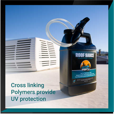 Roof Sauce container with a spray nozzle, highlighting UV protection from cross-linking polymers for roof maintenance.