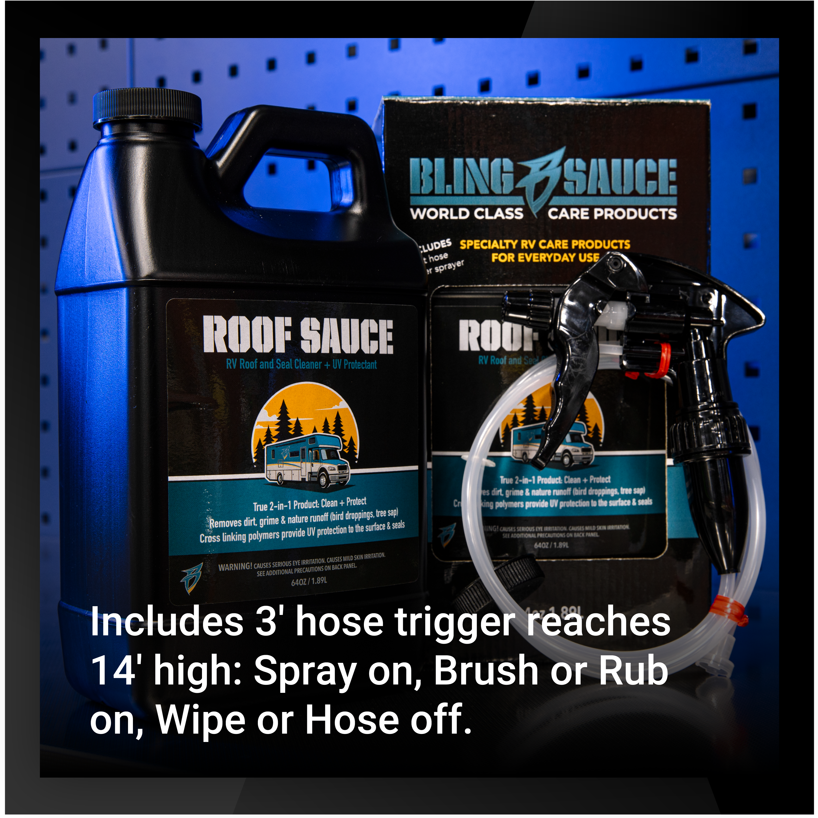 Premium Roof Sauce for RVs and roofs, featuring a 3' hose trigger for easy application and effective cleaning.
