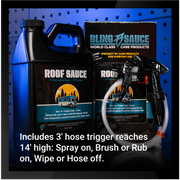 Premium Roof Sauce for RVs and roofs, featuring a 3' hose trigger for easy application and effective cleaning.