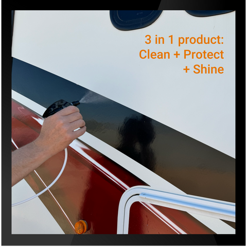 Hand spraying RV Sauce on an RV surface, showcasing its 3-in-1 cleaning, protecting, and shining capabilities.