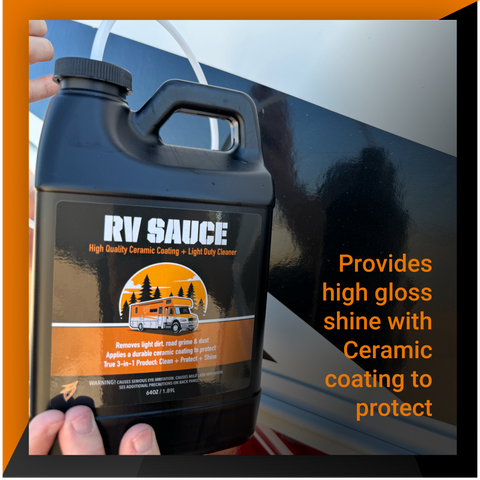 RV Sauce bottle showcasing high gloss shine and ceramic coating for effective cleaning and protection of RVs.