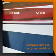 Before and after image showing RV Sauce's effectiveness in removing light dirt, road grime, and dust from surfaces.