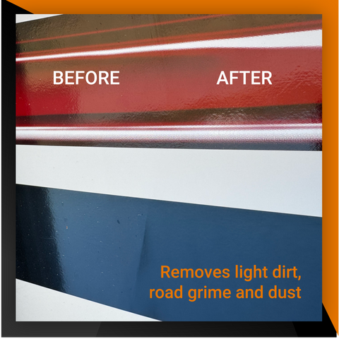 Before and after image showing RV Sauce's effectiveness in removing light dirt, road grime, and dust from surfaces.