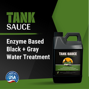 Enzyme-based Tank Sauce water treatment for black and gray tanks, designed for RVs and boats, made in the USA.