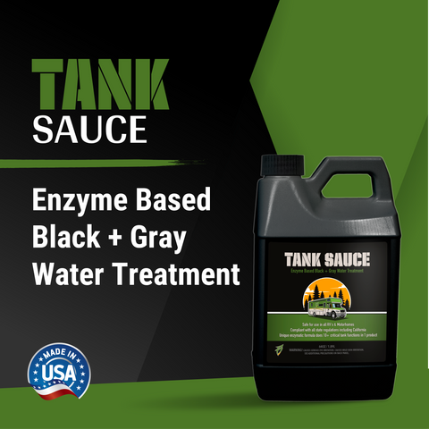 Enzyme-based Tank Sauce water treatment for black and gray tanks, designed for RVs and boats, made in the USA.