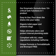 Enzymatic formula for tanks that digests waste, eliminates odors, and protects plumbing seals while being eco-friendly.
