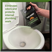 Tank Sauce effectively eliminates odors and protects plumbing seals, shown being held above a toilet.