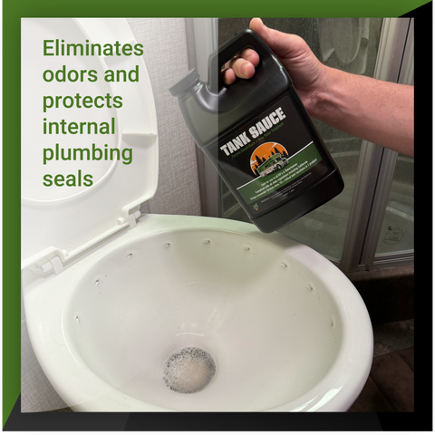 Tank Sauce effectively eliminates odors and protects plumbing seals, shown being held above a toilet.