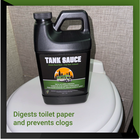 Bottle of Tank Sauce enzyme-based gray water treatment for digesting toilet paper and preventing clogs, placed on a toilet.