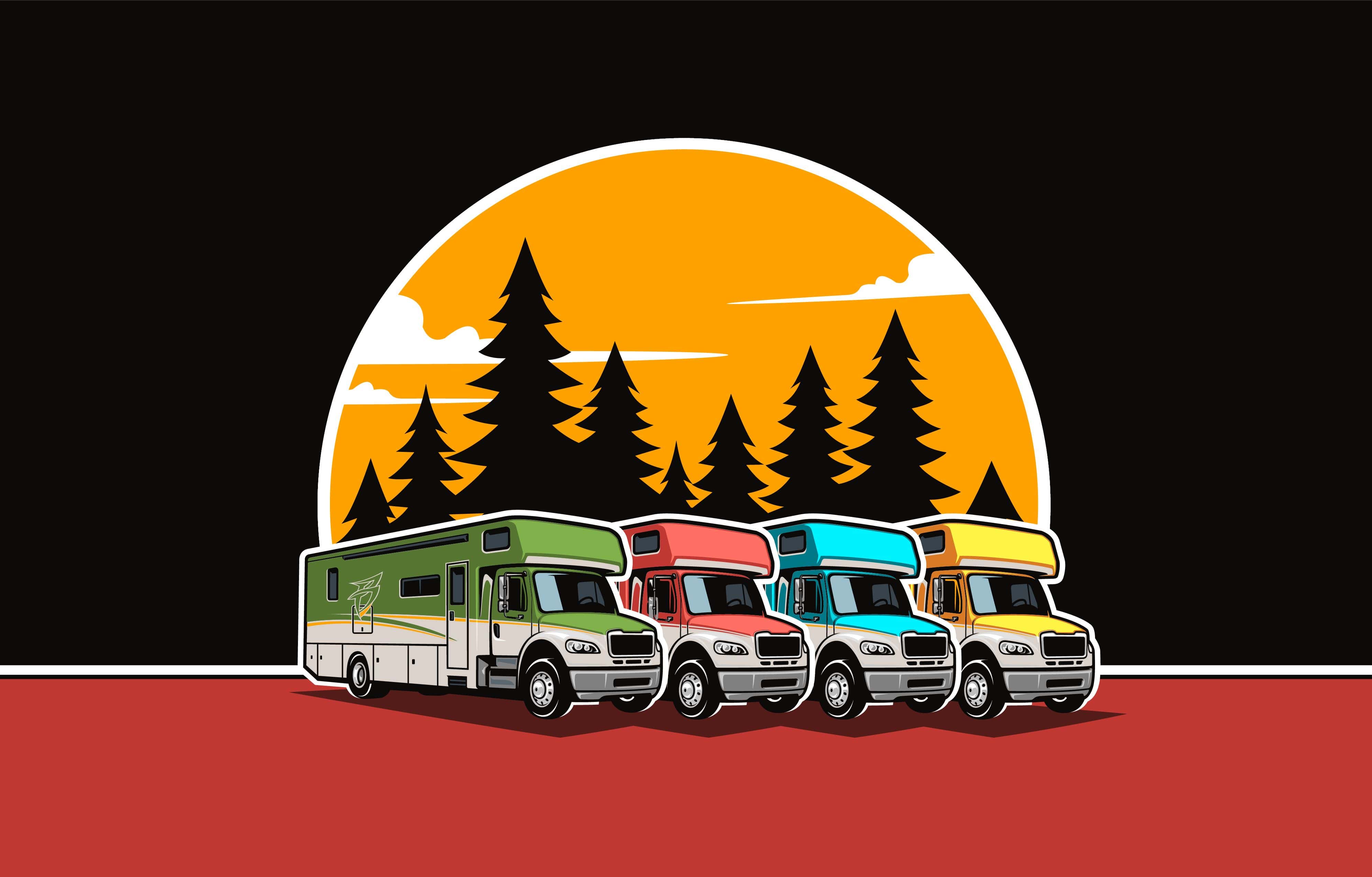 Colorful RVs parked in front of a sunset with pine trees, illustrating premium vehicle cleaning and detailing products.