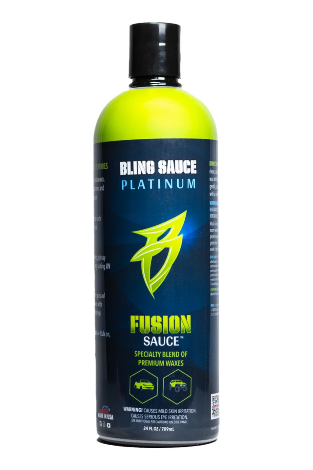 Bling Sauce Fusion Sauce bottle featuring a green and blue design, highlighting premium wax blend for car care.