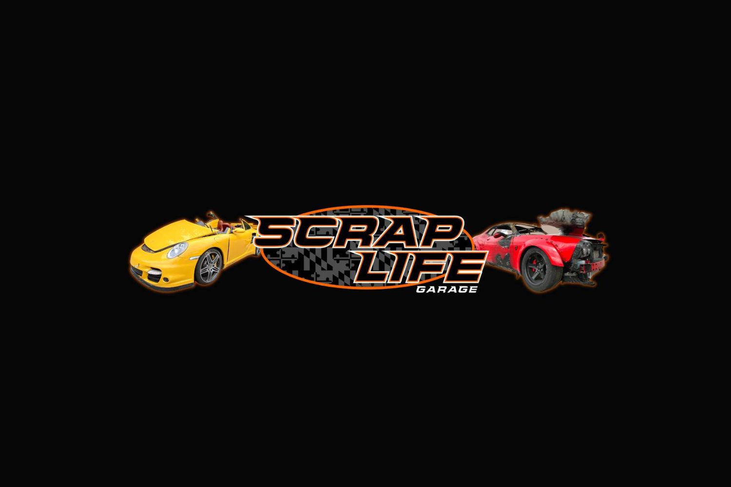 Scrap Life Garage logo featuring a yellow convertible and a damaged red race car on a black background.