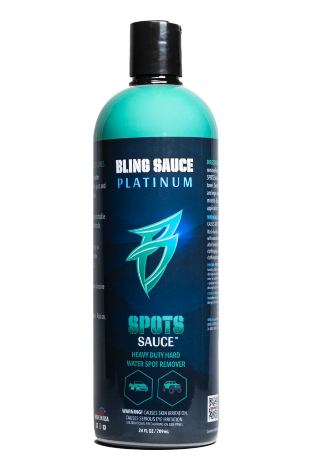 Bling Sauce Spots Sauce bottle, 24 oz, designed for heavy-duty water spot removal with clear usage instructions on the label.