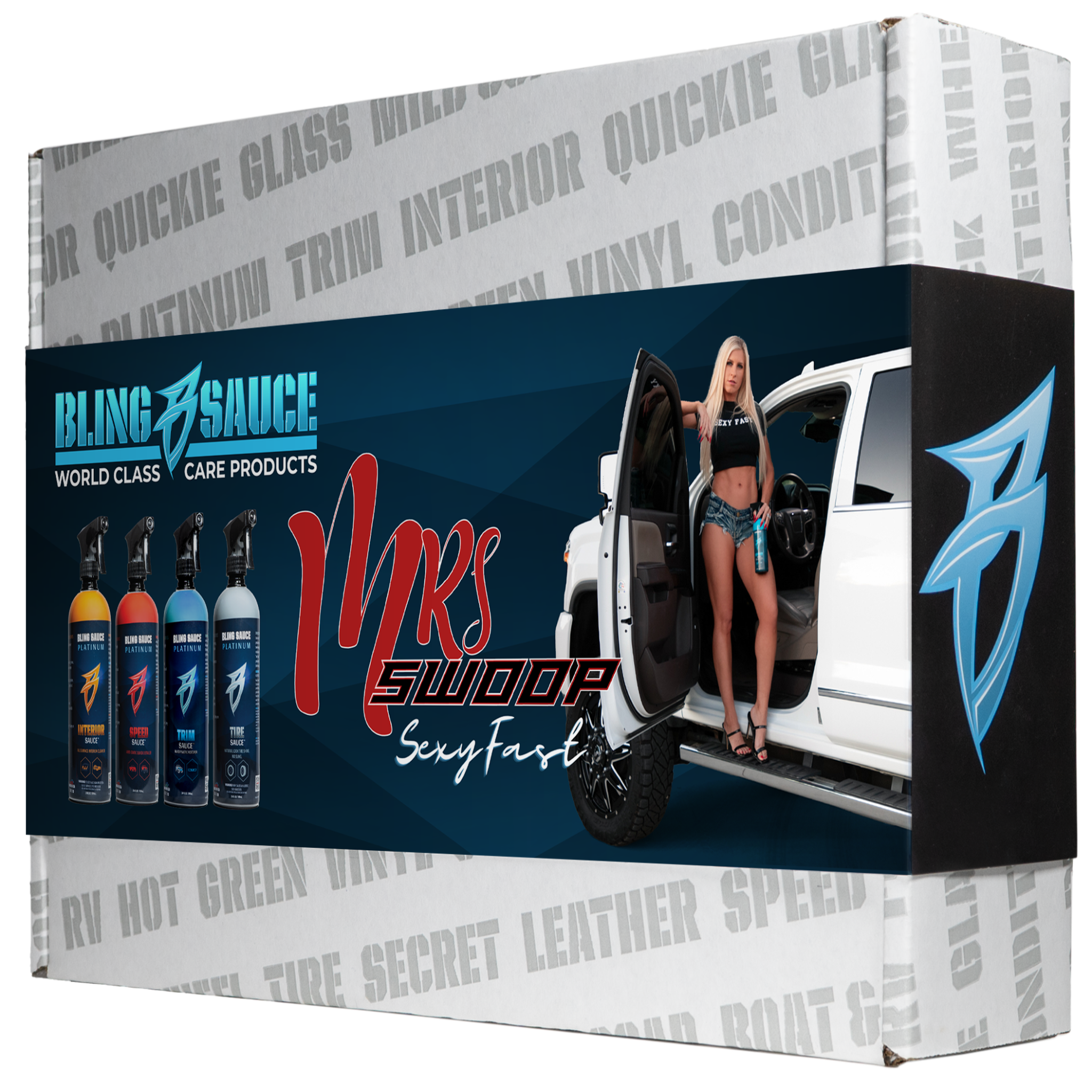 Bling Sauce Mrs. Swoop’s SEXYFAST Kit packaging featuring a model next to a vehicle and five car care products.