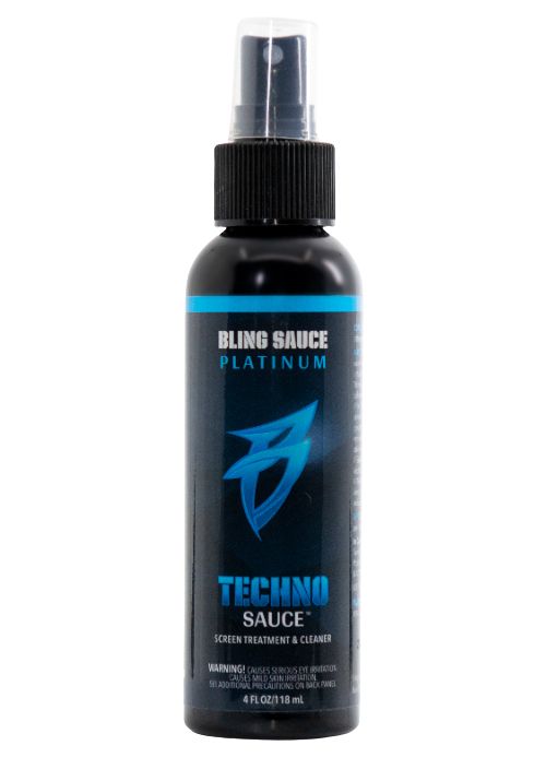 Bling Sauce Techno Sauce bottle, 4 oz, designed for screen treatment and cleaner, featuring a spray nozzle.