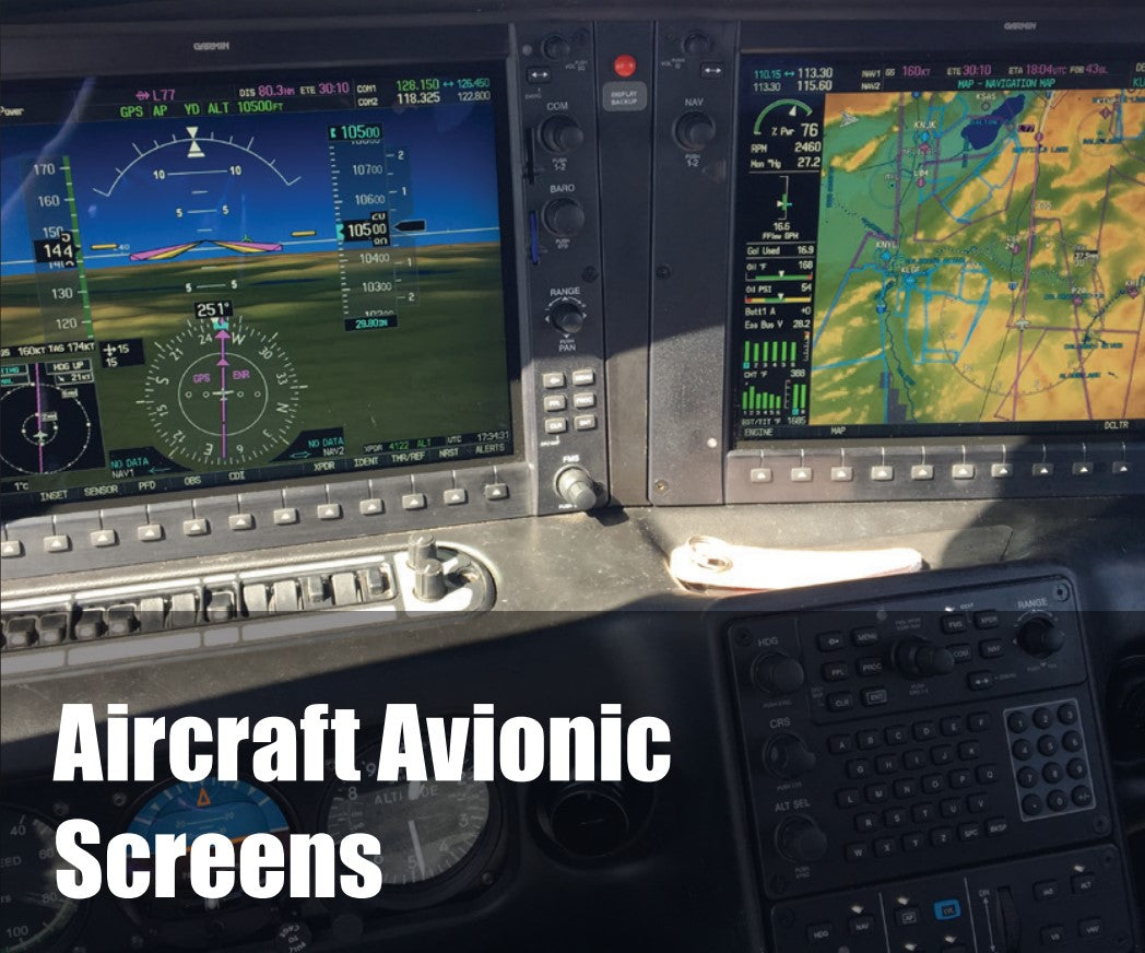 Cockpit view of aircraft avionic screens displaying navigation and flight data for pilots.