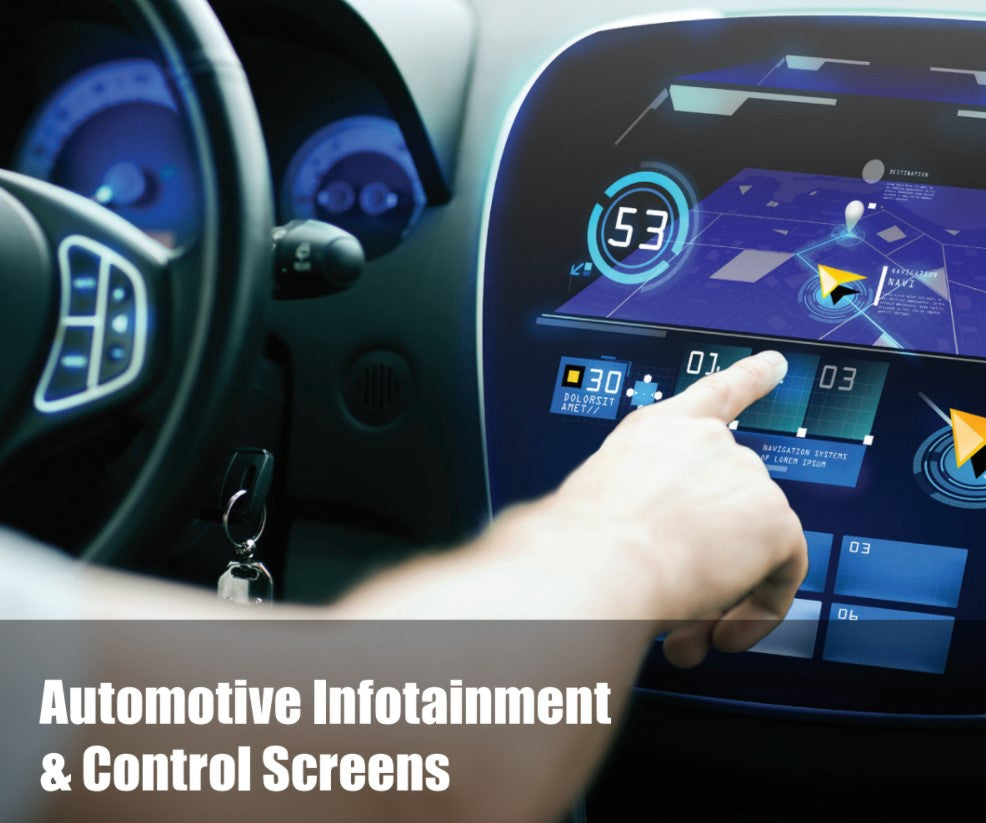 A person interacts with a modern automotive infotainment screen, displaying navigation and control features.