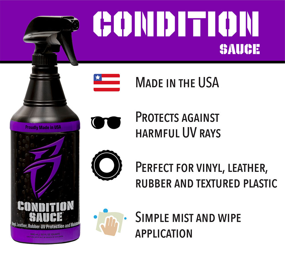 Bling Sauce 4-Pack Kit featuring Condition Sauce spray bottle for UV protection on vinyl, leather, rubber, and plastic.