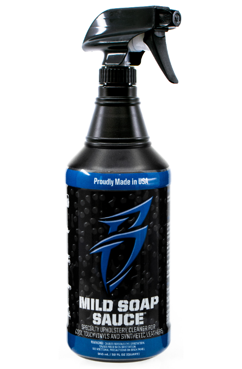 Mild Soap Sauce spray bottle designed for cleaning upholstery, featuring a blue and black label with a spray nozzle.