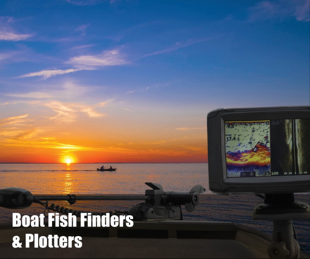 Sunset over water with a boat in the distance, featuring a fish finder display showing underwater imagery.