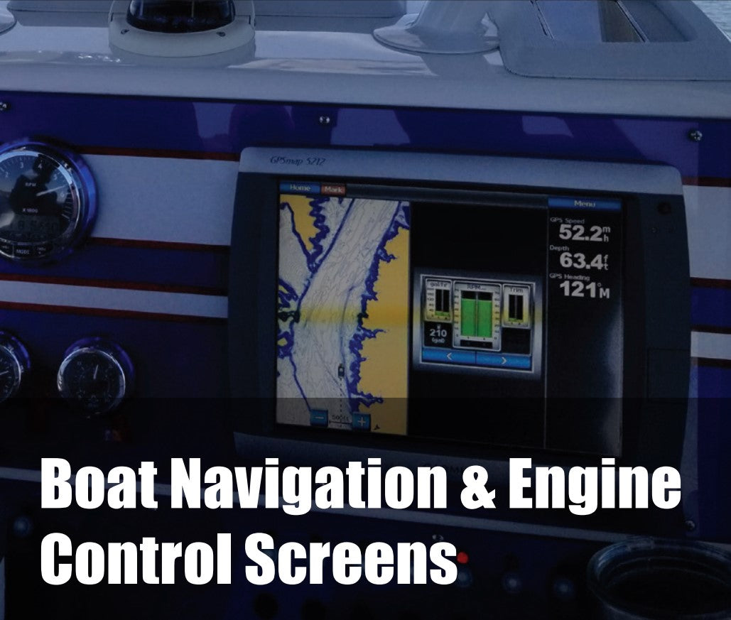 Boat navigation and engine control screens displaying maps and data for safe navigation and operation.