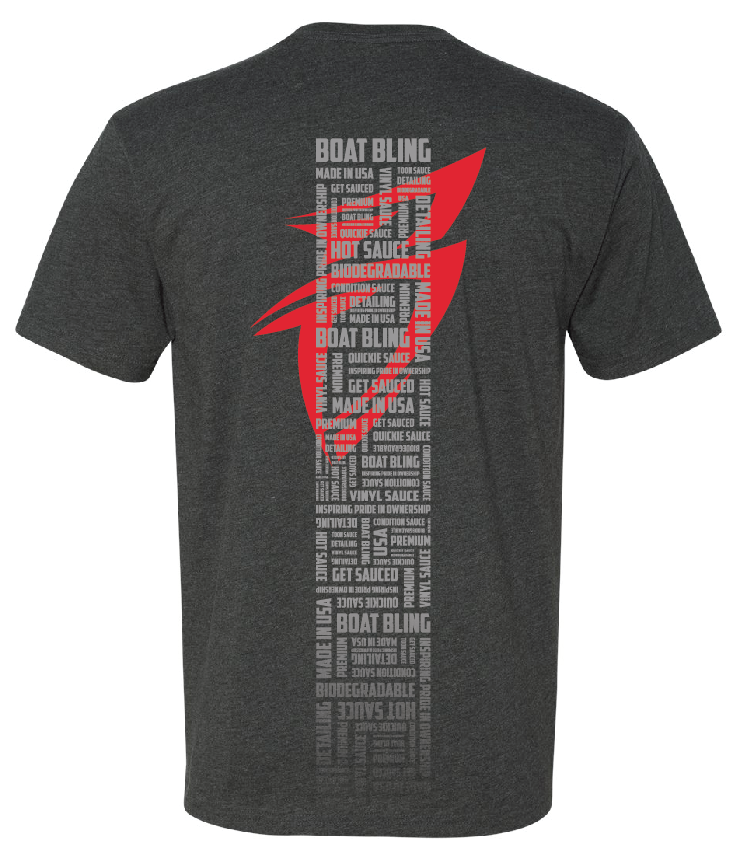Gray T-shirt featuring a large red Boat Bling logo and various text elements related to the brand on the back.